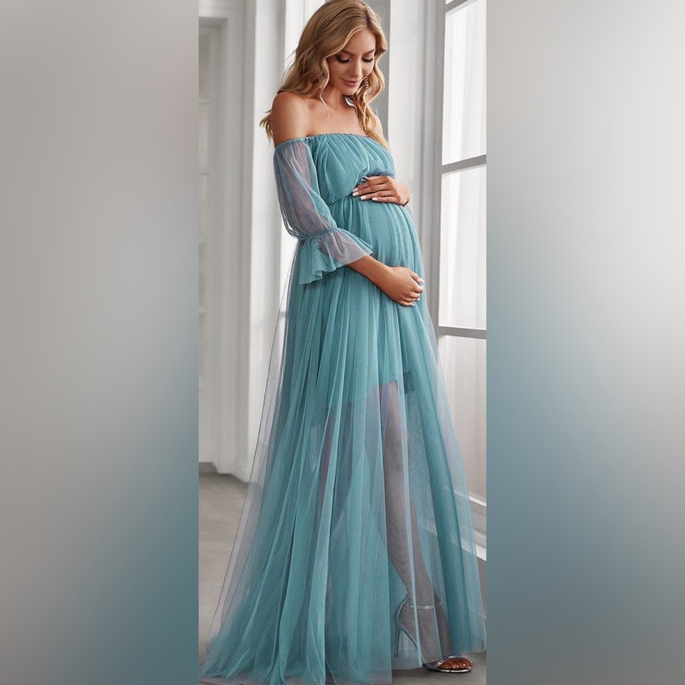 Ever Pretty maternity Teal Tulle Maxi Dress Size M |